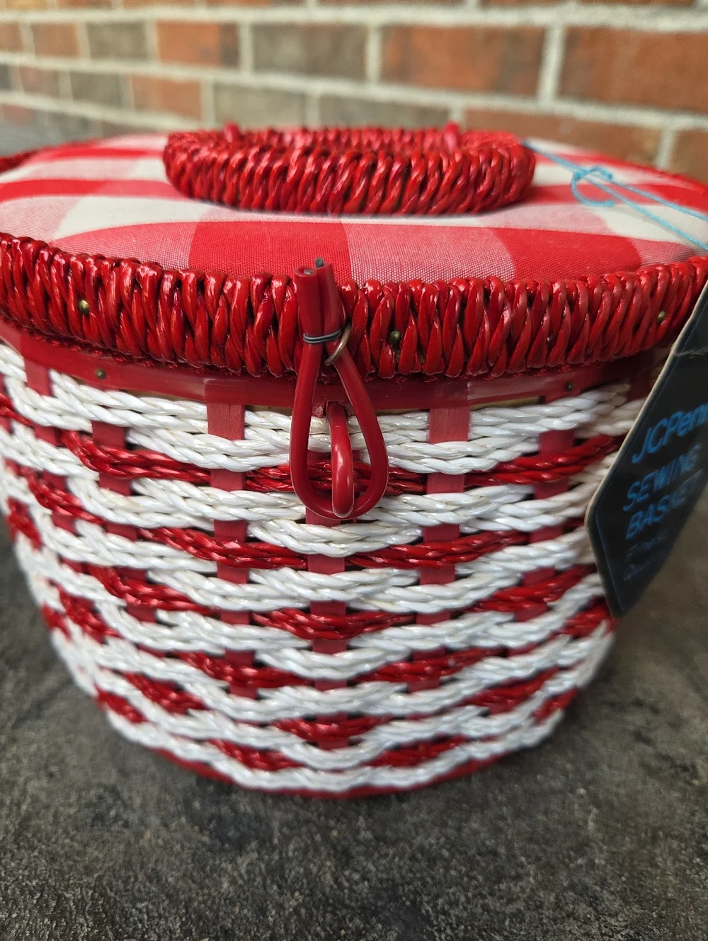 Vintage JCPenney Red and White Woven Sewing Basket with Gingham Lid
